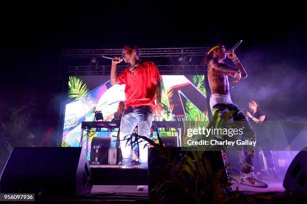 Slim Jxmmi and Swae Lee of Rae Sremmurd perform onstage at Spotify Hosts Sr3mmPocalypse Party with Performances by Rae Sremmurd on May 7, 2018 in Los...