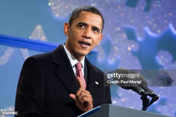 President Barack Obama addresses the audience during the 2009 National Christmas Tree Lighting Ceremony at President's Park on December 3, 2009 in...