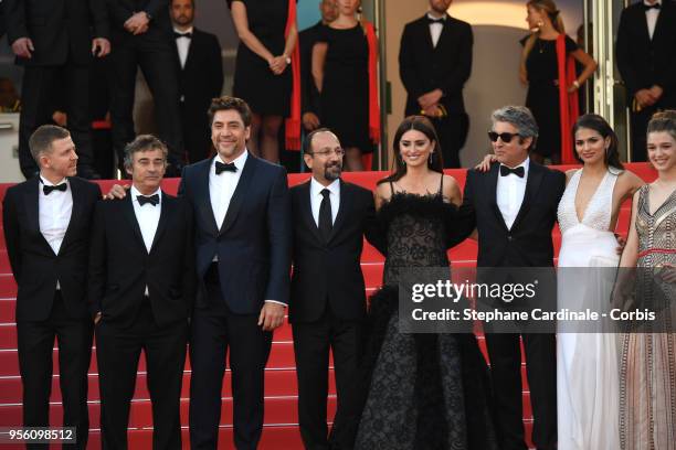 Producer Alexandre Mallet-Guy, actor Eduard Fernandez, Javier Bardem, director Asghar Farhadi and actress Penelope Cruz, wearing jewels by Atelier...