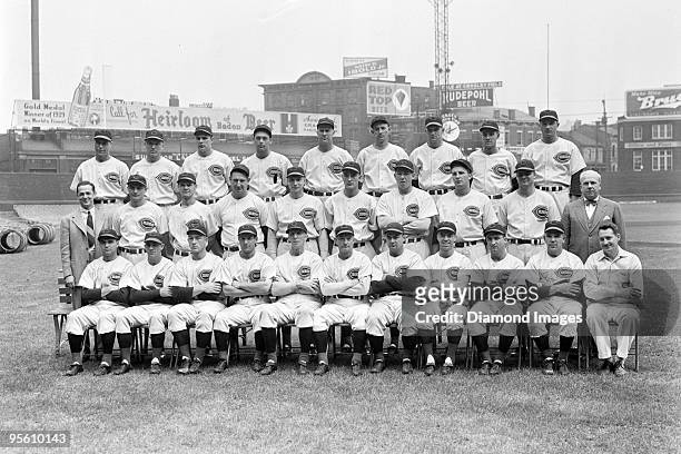 Members of the Cincinnati Reds pose for a team portrait prior to game one of the World Series on October 2, 1940 against the Detroit Tigers at...