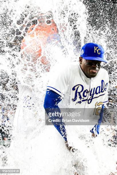 Salvador Perez of the Kansas City Royals dumps sports drink on Jorge Soler after the royals defeated the Detroit Tigers at Kauffman Stadium on May 4,...