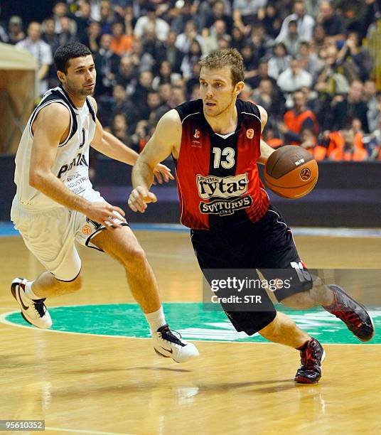 Justin Rasic Aleksandar Rasic of Partizan Belgrade vies with Martynas Gecevicius ...