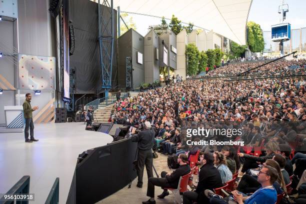 Sundar Pichai, chief executive officer of Google Inc., speaks during the Google I/O Developers Conference in Mountain View, California, U.S., on...