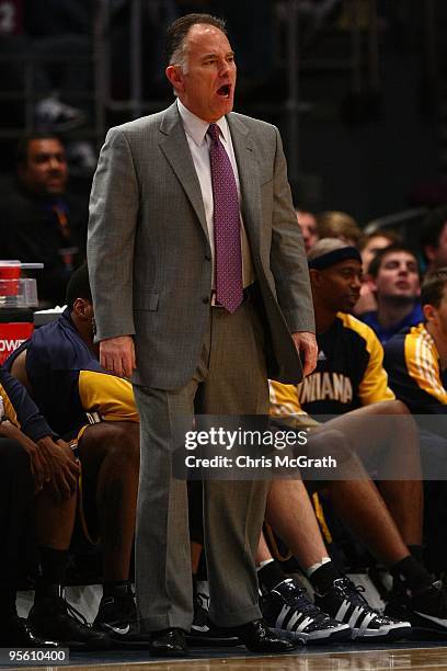 Head coach Jim O'Brien of the Indiana Pacers yells instructions against the New York Knicks at Madison Square Garden January 3, 2010 in New York...