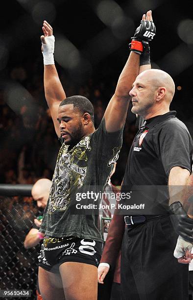 Fighter Rashad Evans is announced the winner over UFC fighter Thiago Silva during their non title Light Heavyweight fight at UFC 108: Evans vs. Silva...