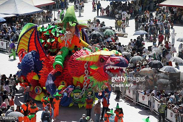 Float takes part in the 'White Day' parade, as part of the Whites and Blacks Carnival in Pasto, Colombia, on January 06, 2010. Last September 30 this...