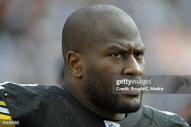 James Harrison of the Pittsburgh Steelers looks on during a NFL game against the Miami Dolphins at Land Shark Stadium on January 3, 2010 in Miami,...