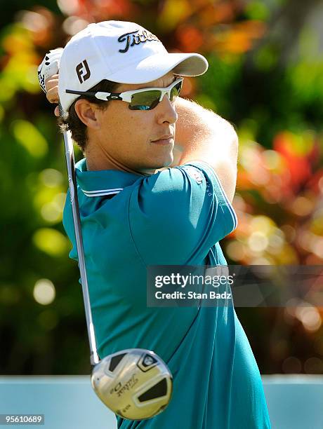 Parker McLachlin hits from the first tee box during practice for the SBS Championship at Plantation Course at Kapalua on January 6, 2010 in Kapalua,...