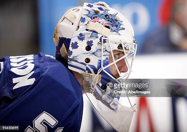 Jonas Gustavsson of the Toronto Maple Leafs gets ready for a face-off during the game against the Florida Panthers on January 5, 2010 at the Air...