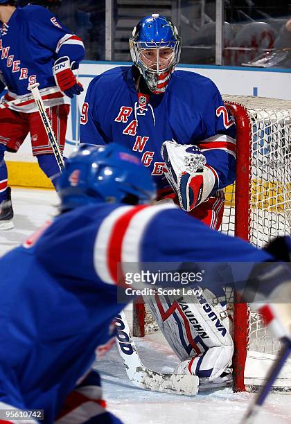 Chad Johnson of the New York Rangers practices in net prior to the game against the Dallas Stars on January 6, 2010 at Madison Square Garden in New...