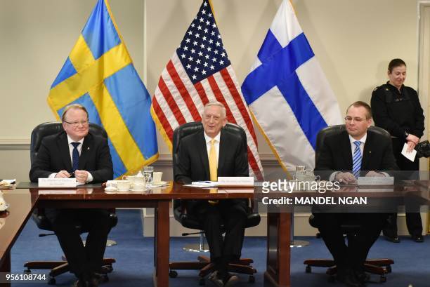 Defence Secretary Jim Mattis takes part in a trilateral meeting with Swedish Defence Minister Peter Hultqvist and Finnish Defence Minister Jussi...