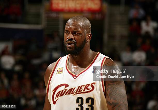Shaquille O'Neal of the Cleveland Cavaliers looks on during the game against the Milwaukee Bucks at Quicken Loans Arena on December 18, 2009 in...