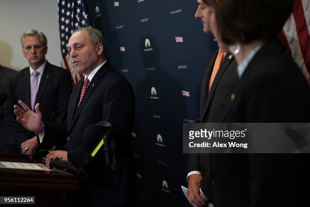 House Majority Whip Rep. Steve Scalise speaks as Speaker of the House Rep. Paul Ryan and House Majority Leader Rep. Kevin McCarthy listen during a...