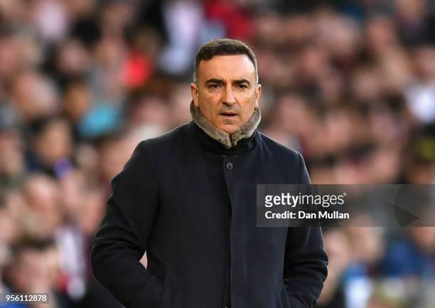 Carlos Carvalhal, Manager of Swansea City reacts during the Premier League match between Swansea City and Southampton at Liberty Stadium on May 8,...