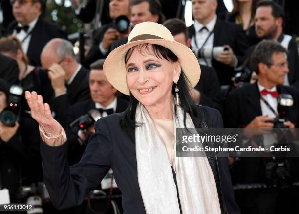 Anna Karina attends the screening of "Everybody Knows " and the opening gala during the 71st annual Cannes Film Festival at Palais des Festivals on...