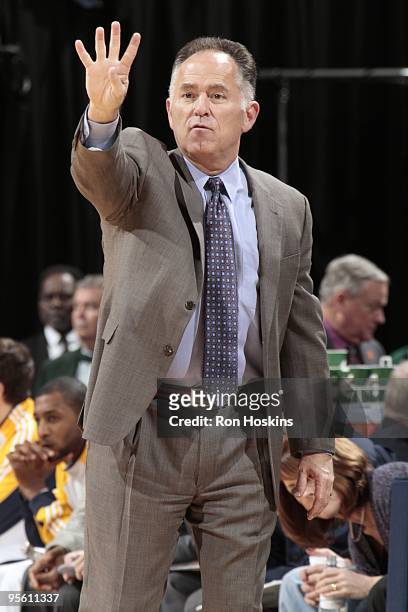 Head coach Jim O'Brien of the Indiana Pacers calls a play during the game against the Milwaukee Bucks at Conseco Fieldhouse on December 21, 2009 in...