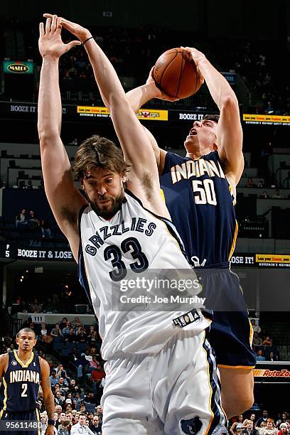 Tyler Hansbrough of the Indiana Pacers goes up for a shot over Marc Gasol of the Memphis Grizzlies during the game on December 18, 2009 at FedExForum...