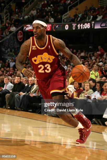 LeBron James of the Cleveland Cavaliers drives to the basket against the Washington Wizards on January 6, 2010 at The Quicken Loans Arena in...