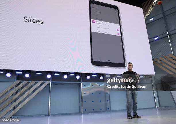 Dave Burke, Google Vice President of Engineering for Android, speaks during the opening keynote address at the Google I/O 2018 Conference at...