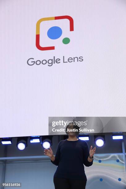 Aparna Chennapragada, vice president of Product for AR, VR and Vision-based products speaks during the opening keynote address at the Google I/O 2018...