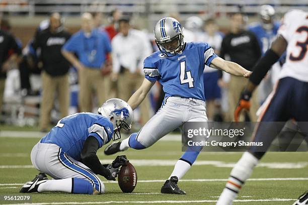 Jason Hanson of the Detroit Lions kicks during the game against the Chicago Bears on January 3, 2010 at Ford Field in Detroit, Michigan.