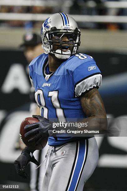 Calvin Johnson of the Detroit Lions looks on during the game against the Chicago Bears on January 3, 2010 at Ford Field in Detroit, Michigan.