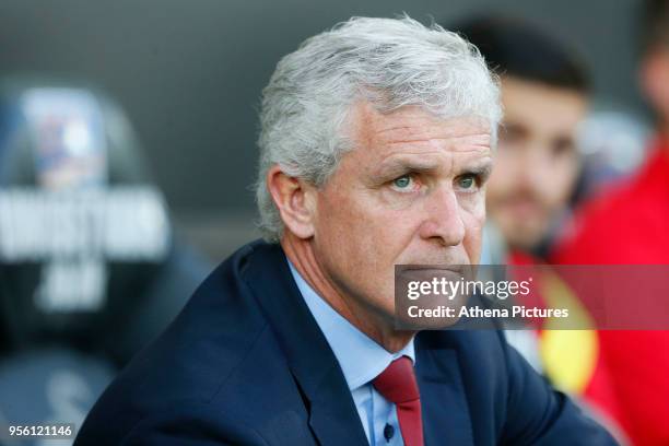 Southampton manager Mark Hughes prior to kick off of the Premier League match between Swansea City and Southampton at Liberty Stadium on May 08, 2018...