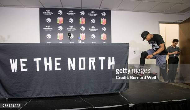 Toronto Raptors DeMar DeRozan walks to the microphone during a season ending availability at the BioSteel Centre, Toronto. The Raptors ended their...