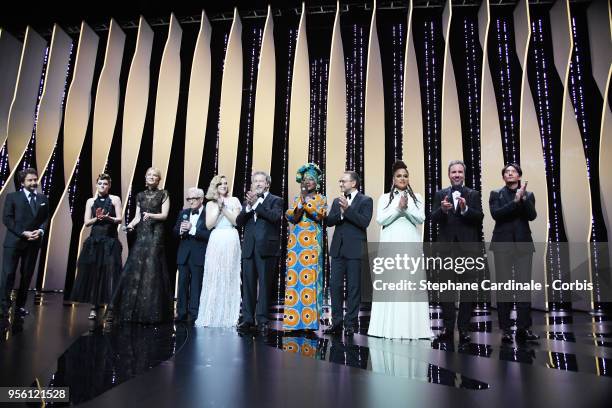 Master of Ceremonies Edouard Baer, jury member Kristen Stewart, jury president Cate Blanchett, director Martin Scorsese and jury members, Lea...