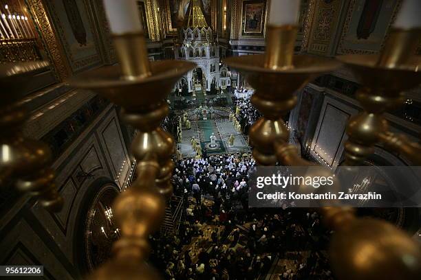 Russian Orthodox Church Patriarch Kirill conducts an Orthodox Christmas service at Cathedral of Christ the Saviour in the early morning of January 7,...