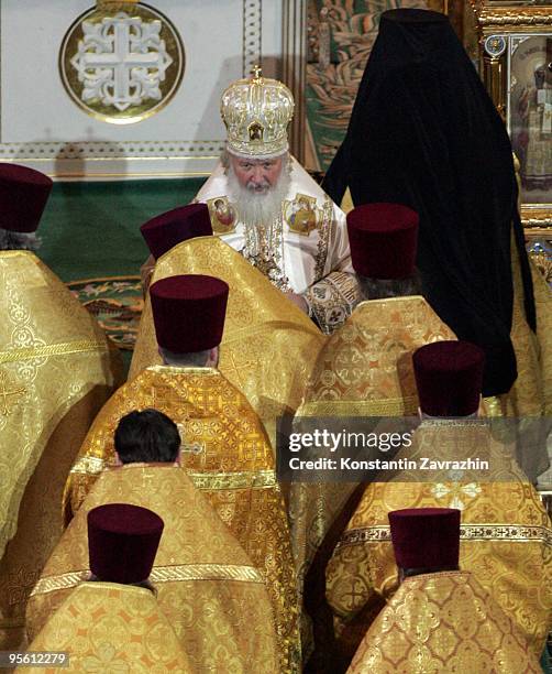 Russian Orthodox Church Patriarch Kirill conducts an Orthodox Christmas service at Cathedral of Christ the Saviour in the early morning of January 7,...