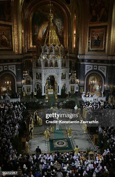 Russian Orthodox Church Patriarch Kirill conducts an Orthodox Christmas service at Cathedral of Christ the Saviour in the early morning of January 7,...