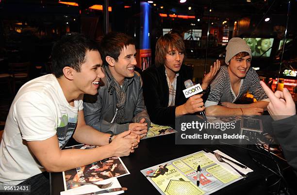 Actors Carlos Pena, Logan Henderson, James Maslow and Kendall Schmidt are interviewed by fans at Nickelodeon's BIG TIME RUSH screening at Planet...