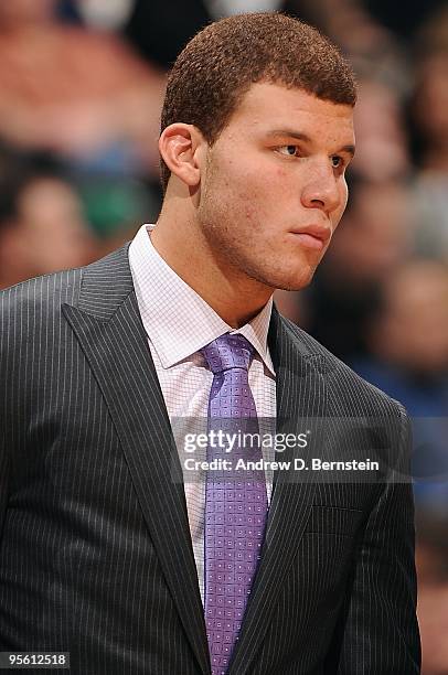 Blake Griffin of the Los Angeles Clippers looks on during the game against the Boston Celtics at Staples Center on December 27, 2009 in Los Angeles,...