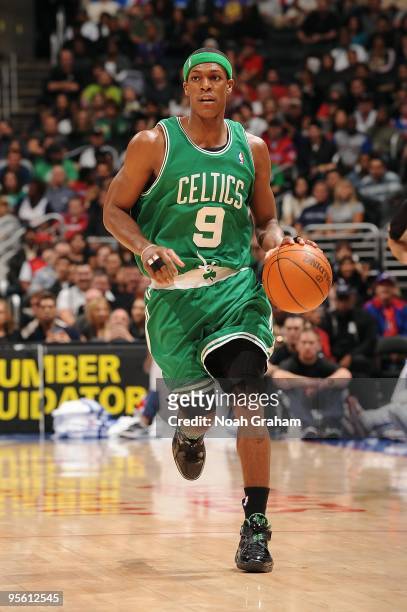 Rajon Rondo of the Boston Celtics moves the ball against the Los Angeles Clippers during the game at Staples Center on December 27, 2009 in Los...