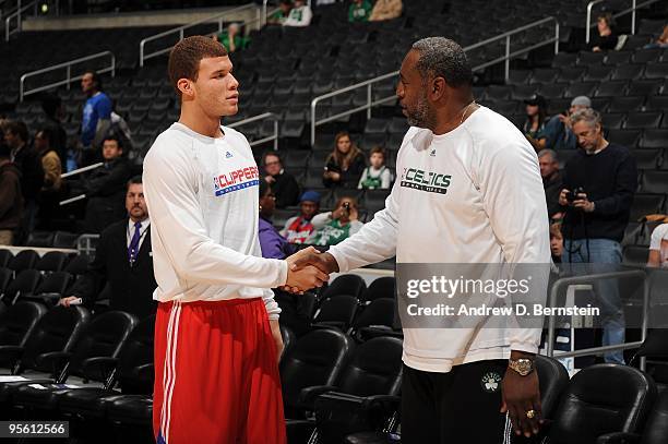 Blake Griffin of the Los Angeles Clippers and assistant coach Clifford Ray of the Boston Celtics shake hands before the game at Staples Center on...