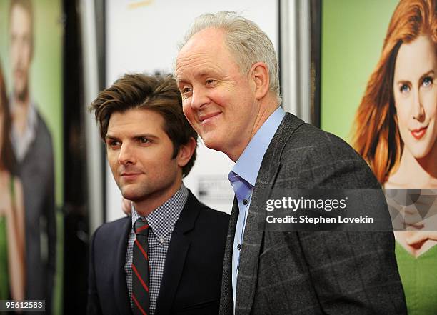 Actors Adam Scott and John Lithgow attend the premiere of "Leap Year" at Directors Guild Theatre on January 6, 2010 in New York City.