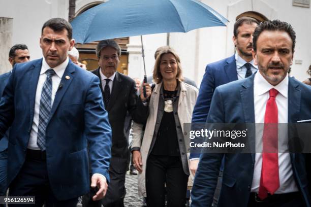 Prime Minister Paolo Gentiloni returning on foot to Palazzo Chigi after visiting Piazza Montecitorio the new Roman editorial office of Sky Tg24 on...