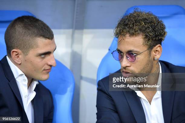 Marco Verratti and Neymar are seen before the Coupe de France Final between Les Herbiers VF and Paris Saint-Germain at Stade de France on May 8, 2018...