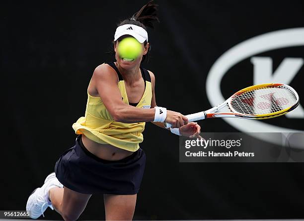 Kimiko Date Krumm of Japan plays forehand during her quarterfinal match against Yanina Wickmayer of Belgium during day four of the ASB Classic at the...