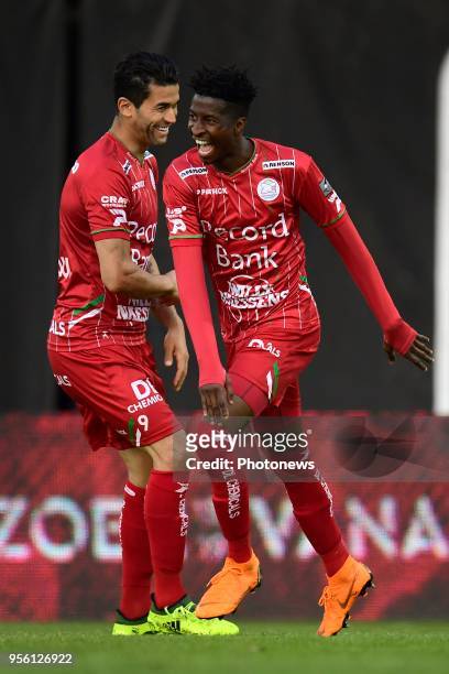 Peter Olayinka forward of SV Zulte Waregem celebrates scoring a goal with teammate Hamdi Harbaoui forward of SV Zulte Waregem during the Jupiler Pro...