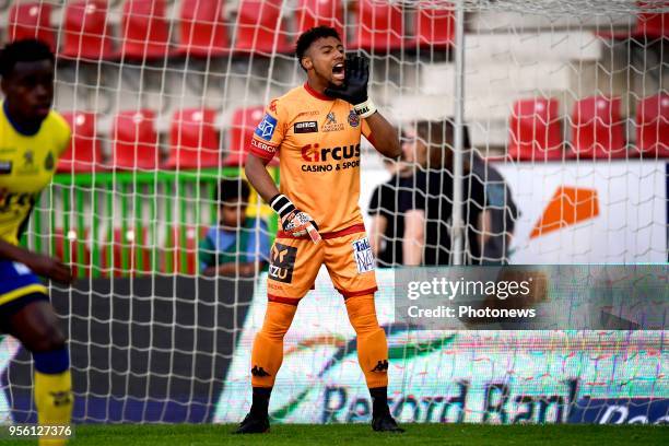 Merveille Goblet goalkeeper of Beveren issues instructions to his teammates during the Jupiler Pro League Play - Off 2A match between SV Zulte...