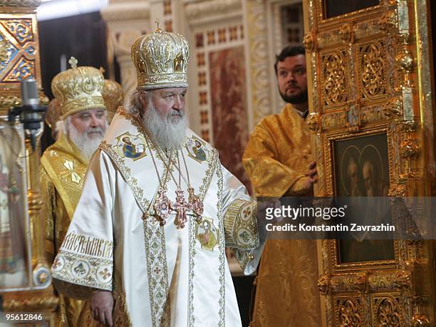 Russian Orthodox Church Patriarch Kirill conducts an Orthodox Christmas service at Cathedral of Christ the Saviour in the early morning of January 7,...