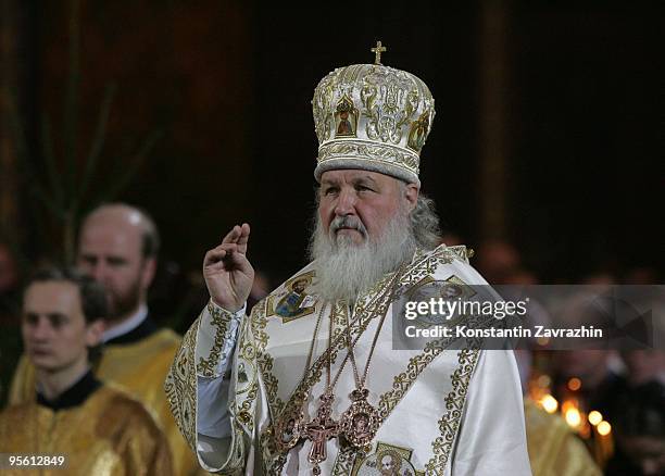 Russian Orthodox Church Patriarch Kirill conducts an Orthodox Christmas service at Cathedral of Christ the Saviour in the early morning of January 7,...