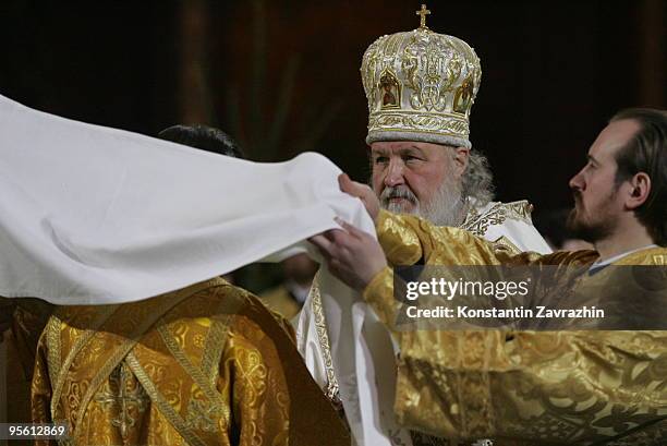 Russian Orthodox Church Patriarch Kirill conducts an Orthodox Christmas service at Cathedral of Christ the Saviour in the early morning of January 7,...