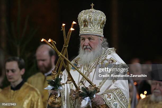 Russian Orthodox Church Patriarch Kirill conducts an Orthodox Christmas service at Cathedral of Christ the Saviour in the early morning of January 7,...