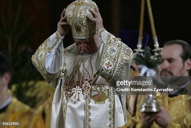 Russian Orthodox Church Patriarch Kirill conducts an Orthodox Christmas service at Cathedral of Christ the Saviour in the early morning of January 7,...