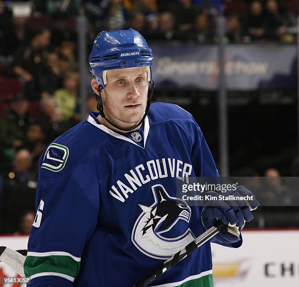 Sami Salo of the Vancouver Canucks looks on during a team break against the Columbus Blue Jackets at General Motors Place on January 5, 2010 in...