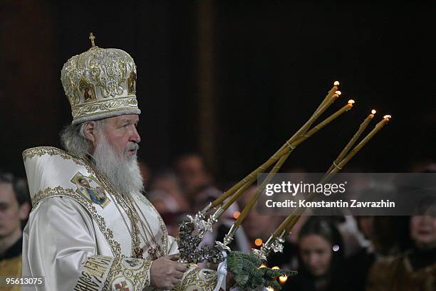 Russian Orthodox Church Patriarch Kirill conducts an Orthodox Christmas service at Cathedral of Christ the Saviour in the early morning of January 7,...