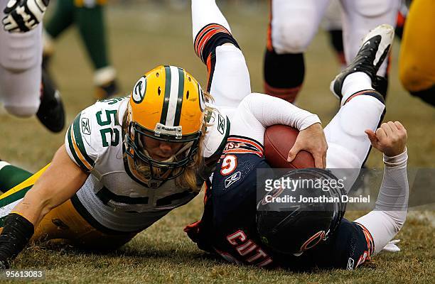 Clay Matthews of the Green Bay Packers sacks Jay Cutler of the Chicago Bears at Soldier Field on December 13, 2009 in Chicago, Illinois. The Packers...